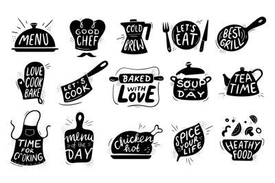 Kitchen food lettering. Gourmet cooking foods badge, chicken recipes c