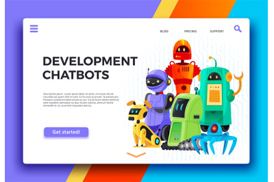 Chatbots development. Digital chatbot assistant, friendly robots and a