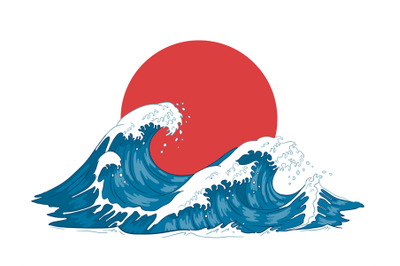 Japanese wave. Japanese big waves, raging ocean and vintage sea water