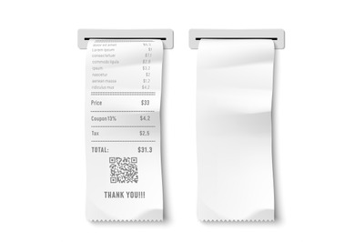 Realistic printed check. Transaction receipt, payment bill and financi