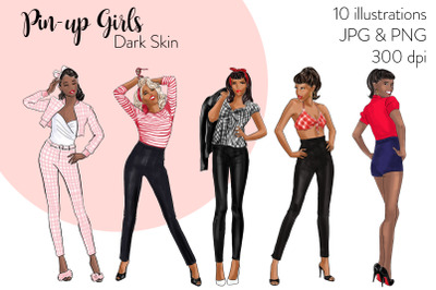 Watercolor Fashion Clipart - Pin up Girls - Dark Skin