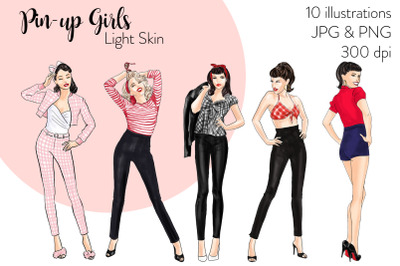 Watercolor Fashion Clipart - Pin up Girls - Light Skin