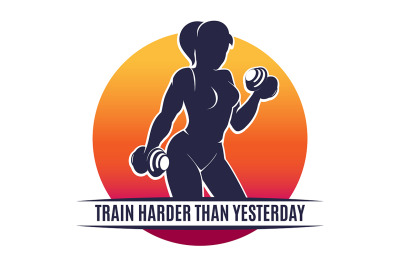 Colorful Fitness Club Emblem with Training Woman and Slogan