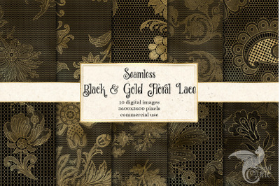 Black and Gold Floral Lace Digital Paper