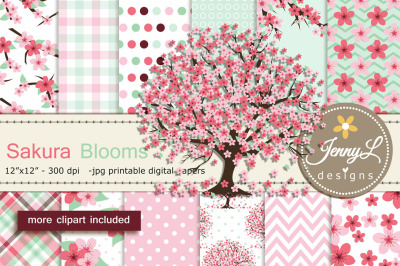 Cherry Blossoms Digital Paper and Sakura Clipart