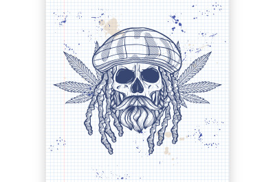 Sketch skull with dreadlocks