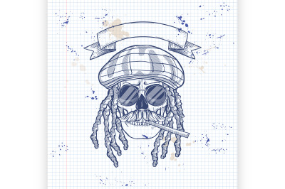 Sketch skull with dreadlocks