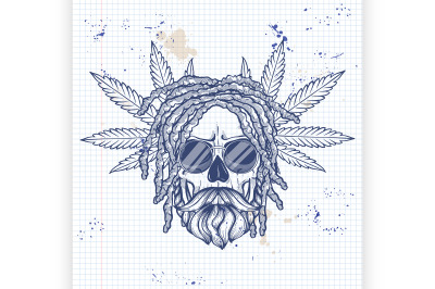 Sketch skull with dreadlocks