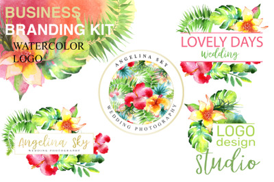 LOGO with bright tropical flowers Watercolor png