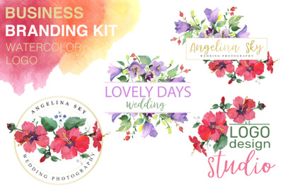 LOGO with red hibiscus and bluebells Watercolor png