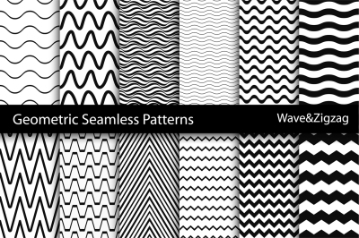Wave&Zigzag seamless patterns. B&W.