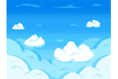 Pixel art sky. Clouds 8-bit skyline, retro video game cloud landscape