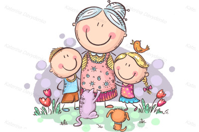 Everyone loves granny, grandmother with grandchilren and pets