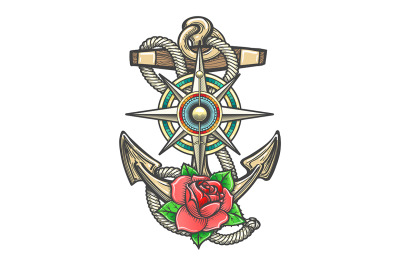 Anchor with Compass Windrose and Rose Flower