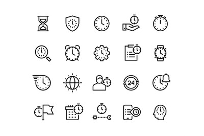 Time management line icons. Stopwatch, alarm and hourglass thin vector