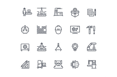 Production line icons. Industry machine production, factory conveyor l