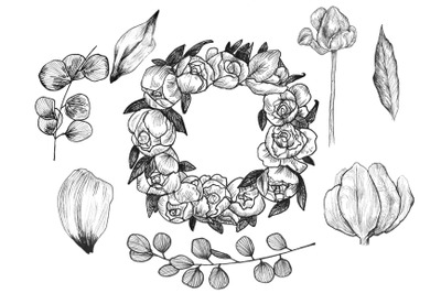 8 ink flowers and leaves