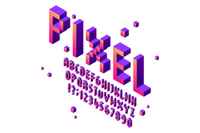 Isometric pixel art font. Arcade game fonts alphabet, retro gaming cub