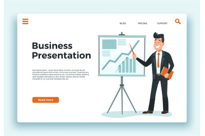 Business presentation. Presenter businessman, growing schedule chart a