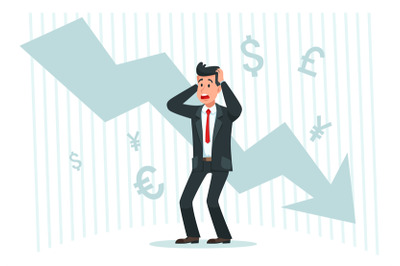 Stressful businessman. Falling profits, down arrow chart graph and ban