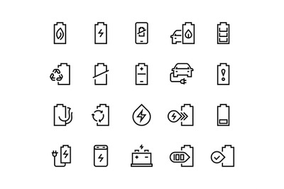 Battery line icons. Electric energy charger car charge low electricity