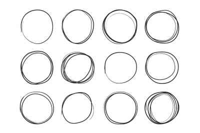 Hand drawn circles. Round doodle loops, circular sketch highlights. Ci