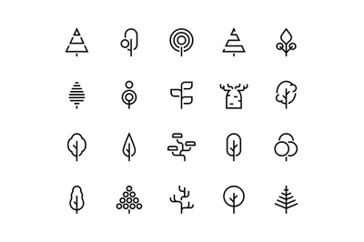 Trees line icons. Simple minimalist plants, organic geometric abstract