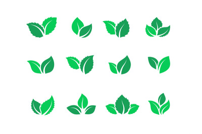 Flat leaves set. Vegan green food logos, farm plant eco energy, simple