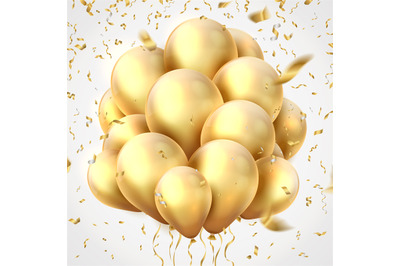Golden balloons. Realistic party ribbons, confetti and gold birthday p