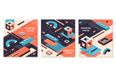Isometric shapes poster. 3D abstract geometric brochures, futuristic t
