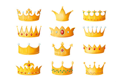 Cartoon crown. Golden emperor prince queen royal crowns diamond corona