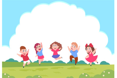 Happy cartoon children. Preschool playing kids on summer nature backgr