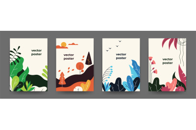 Flat plant posters. Gradient abstract geometric banners with copy spac