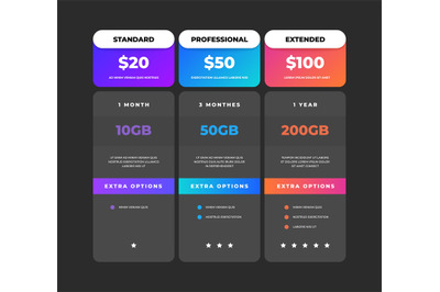 Comparison table. Business pricing chart web banner&2C; web site tariff p