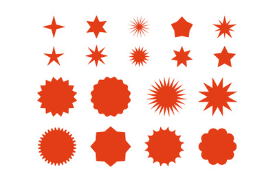 Star burst stickers. Red retro sale badge&2C; flat price tags silhouettes