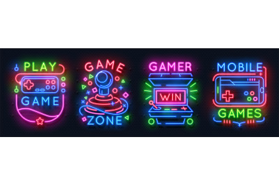 Neon game signs. Retro video games night light icons&2C; gaming club embl