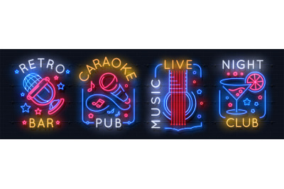 Neon music sign. Karaoke light logo, sound studio light emblem, night