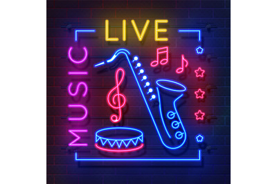 Music neon sign. Glowing karaoke banner, live music light emblem, disc