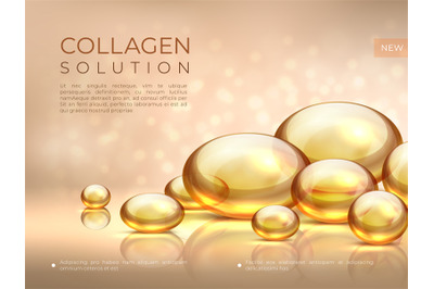 Collagen background. Golden oil bubble, cosmetic skin care essence, be