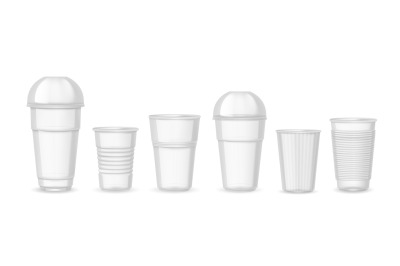 Plastic cups. Realistic transparent coffee juice and beverage containe