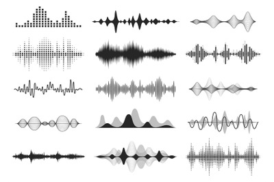 Black sound waves. Music audio frequency, voice line waveform, electro