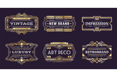 Art deco labels. Vintage ornamental logos&2C; 1920s vintage golden badge&2C;