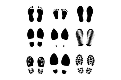 Footprints. Shoes and legs human steps, baby child and grown man foots