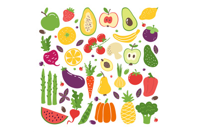 Doodle flat fruits and vegetables. Hand drawn berries potato onion tom