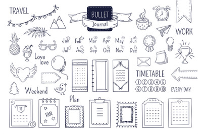 Journal hand drawn elements. Notebook doodle bullets, schedule calenda