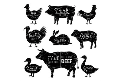 Butcher animals logo. Chicken goat turkey cow pig sheep silhouettes, f