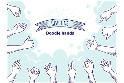 Doodle hands like dislike. Happy client hand drawn concept, thumb up a