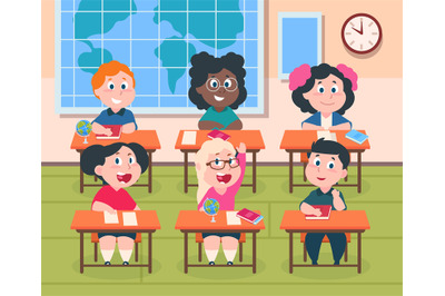 Kids in classroom. Cartoon children in school studying reading and wri