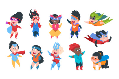 Superhero kids. Cartoon boys and girls characters in superhero comic c