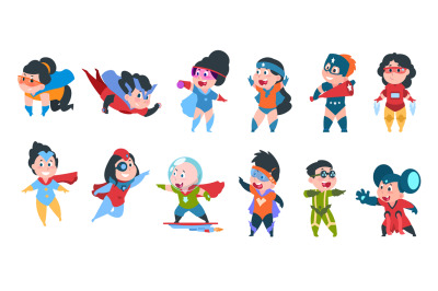 Superhero kids. Boys and girls in comic superhero costumes for party,